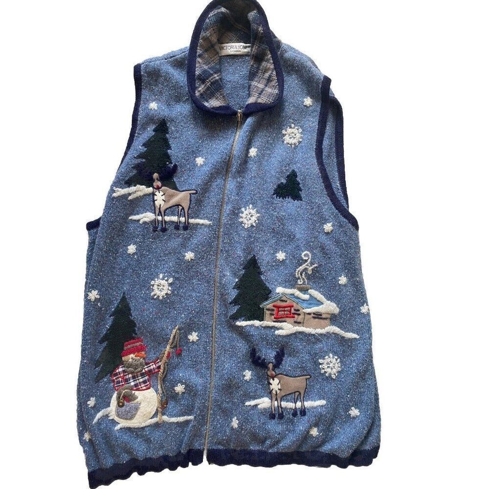 Victoria Jones Sweater Christmas Xmas 1X Angora Blend Reindeer Snowman Vest